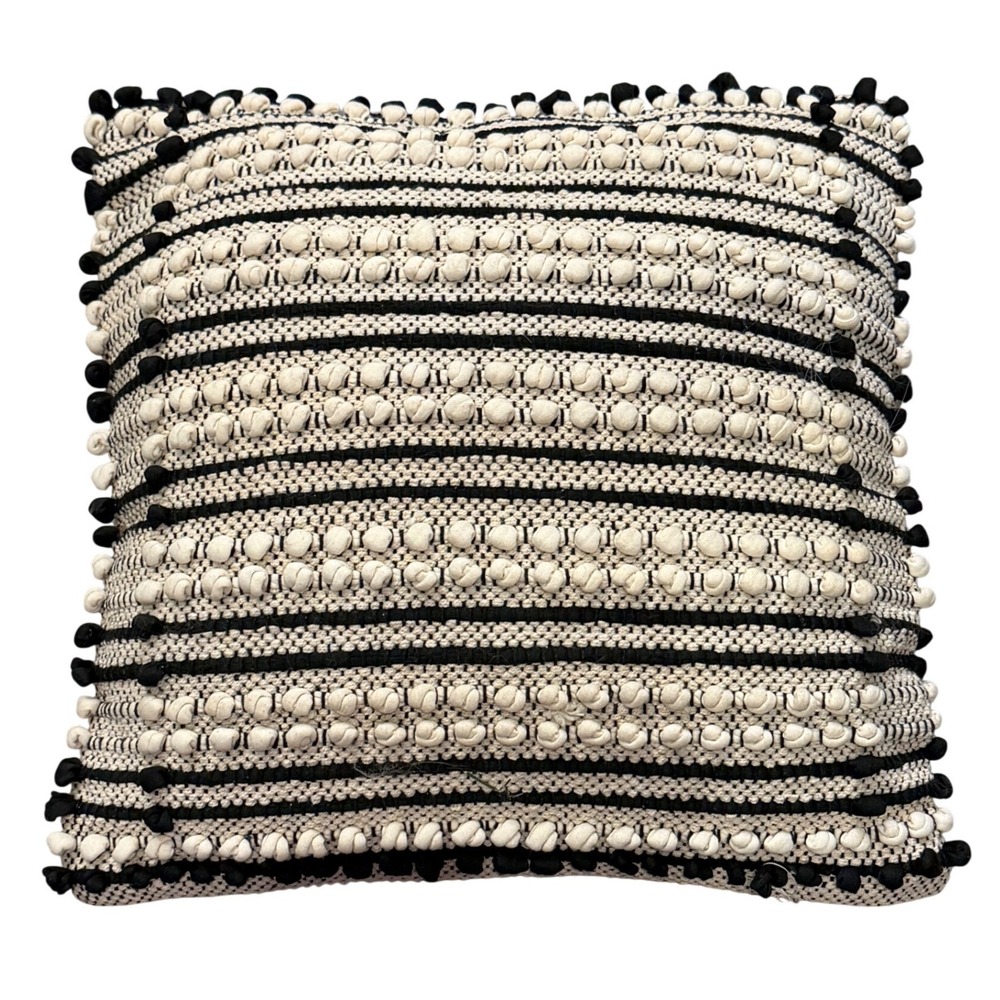Boho Black Cream Stripe Loop Tufted Throw Pillow 18x18 Pom Trim Accent Cushion